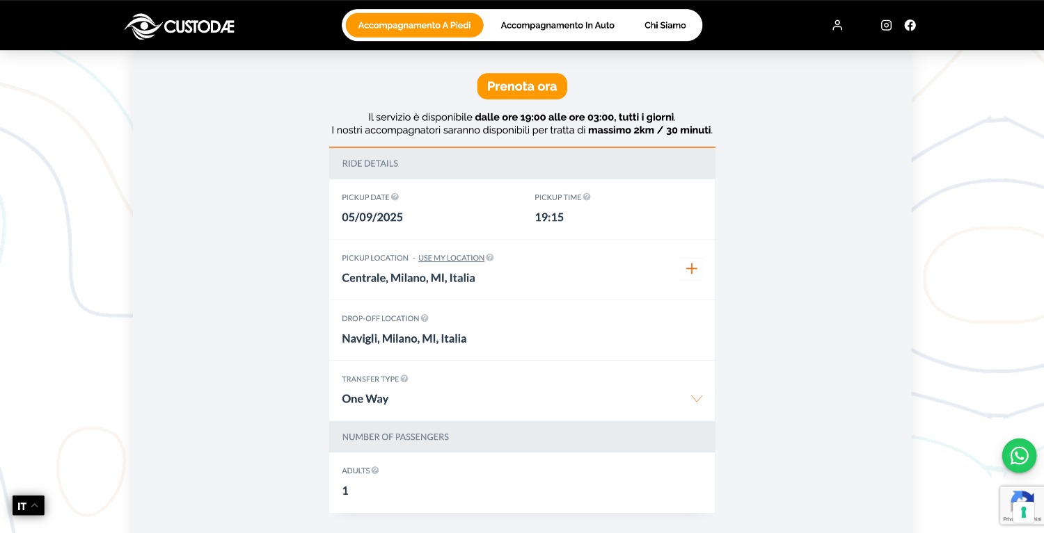 Custodae 4 Custodae: sito web per odv con sistema prenotazioni modulo prenotazione accompagnamento a piedi