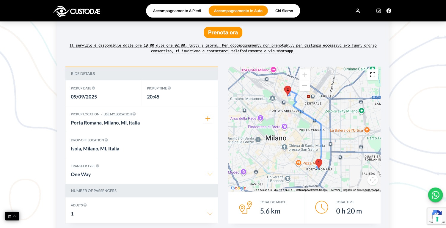 Custodae 3 Custodae: sito web per odv con sistema prenotazioni modulo prenotazione accompagnamento in auto